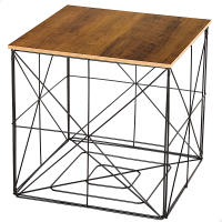 Max Home - Mesa auxiliar cuadrada, tapa efecto madera, almacenaje, estructura metálica negra, líneas geométricas, estilo industrial, decoración, para salón, dormitorio, baño - details 1