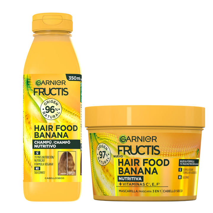GARNIER Fructis Hair Food Banana Sets Champu, Acondicionador o Mascarilla 3 en 1 Nutritiva para Cabello Seco.