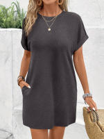 Vestido Corto De Color Sólido Con Cuello Redondo Cintura Ajustada Y Falda A-line Que Esculpe Y Oculta Las Imperfecciones. Hecho De Alta Elasticidad Y Poliéster Para Mujer. - details 1