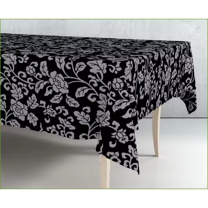 Mantel de hule estampado por metros Hojas ramas plateado negro 43302-2    mantel por metros; manteles; mantel barato; mantel jardín - 1
