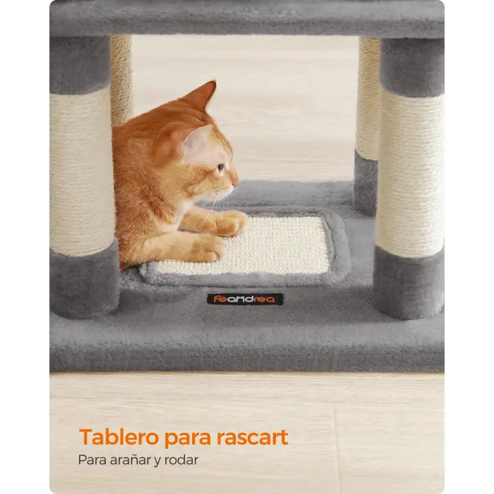 Feandrea Árbol para Gatos de 110 cm de Altura, Rascador para Gatos, con Base y 9 Postes, 1 Plataforma, 1 Cueva, 1 Hamaca, 1 Pompón, 1 Cuerda, Felpa Multicapa, Gris Claro - 1