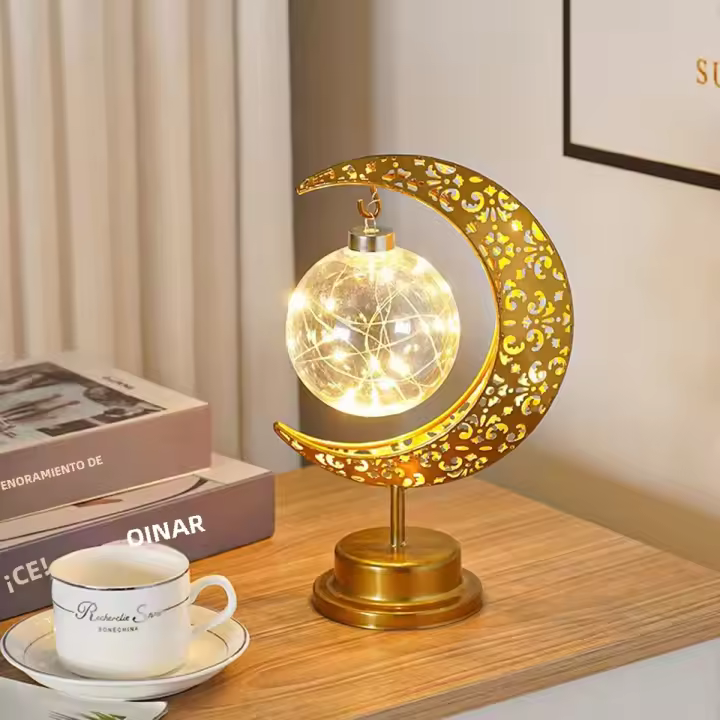 Lámpara De Mesa De Iluminación Nocturna Dorada Con Luna Y Estrella Decoración Para Festival Musulmán Ramada Navidad Atmosfera Estilo Iluminación - 1