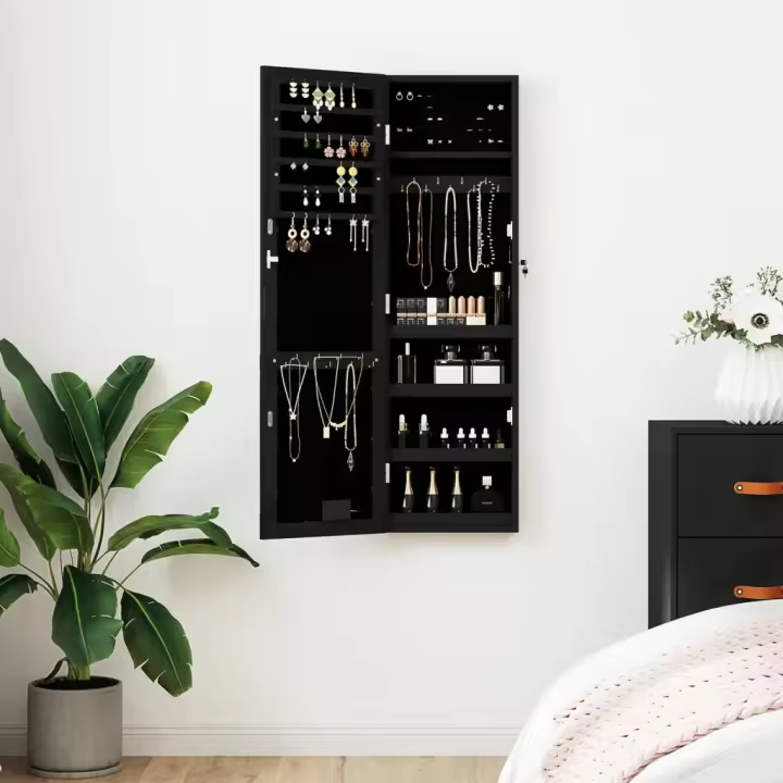 vidaXL Espejo con joyero y luces LED para pared negro - 1
