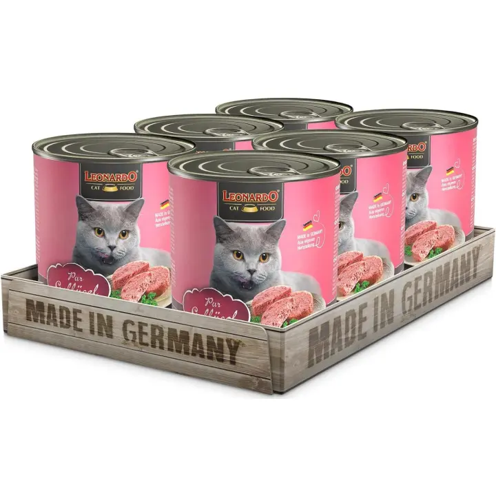 Pack 6X800 Gr - Leonardo Puro en ave comida humeda en Lata para Gatos adultos - 1
