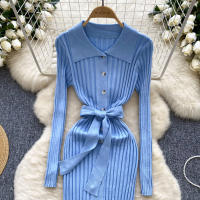 Vestido De Punto Para Mujer REALEFT Otoño Invierno Con Cinturón Cuello Polo De Mano Sola Manga Larga Ajuste Cintura Alta Vestido De Trabajo - details 18