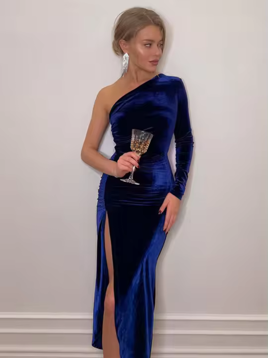 Vestido Bodycon De Veludo Elegante Para Mujer Con Abertura Lateral Manga Larga Para Fiesta Noche Primavera Otoño Vestido Midi Ajustado - 1