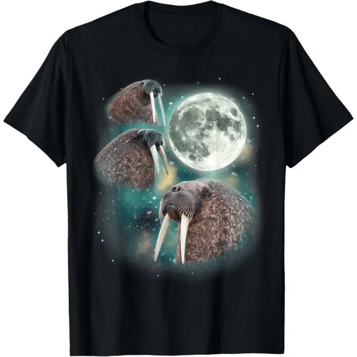 Camiseta unisex informal de cuello redondo, tejido de punto suave y cómodo, moda de verano, 100 % algodón, ligera elasticidad, corte regular. Three Walruses Moon Roaring Walruses Fin footed Moon Imitation T-shirt - 1