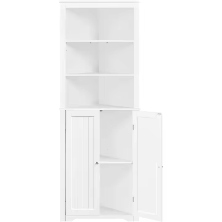 Mueble de Baño de Esquina Gabinete Triángulo163 x 60 x 43 cm con 3 Estantes de Madera Abiertos y 1 Armario de 3 Alturas Ajustables con Protección Antivuelco Gabinete Blanco - 1