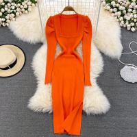 Vestido REALEFT De Mujer Otoño Invierno Con Cuello Cuadrado Manga Larga Y Acolchado De Puff Trasero Lateral Split Midi Casual - details 0
