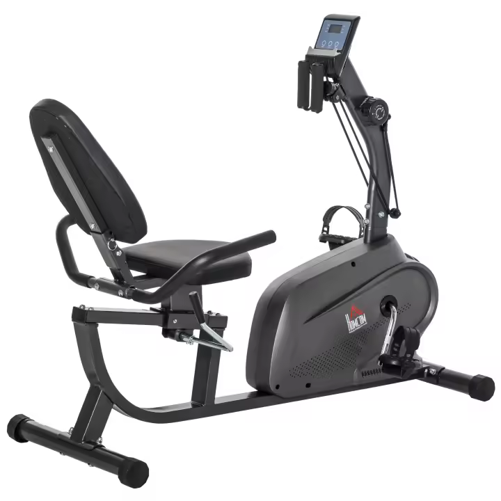 HOMCOM Bicicleta estática reclinable magnética multifunción con pantalla LCD y sillín ajustable, 2 bandas de resistencia, acero y color negro - 1