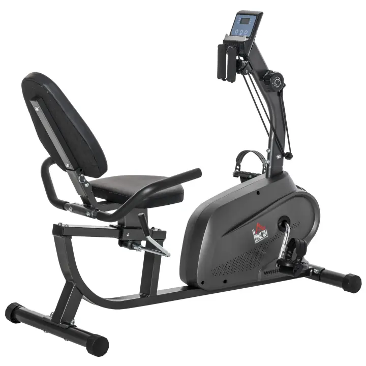 HOMCOM Bicicleta estática reclinable magnética multifunción con pantalla LCD y sillín ajustable, 2 bandas de resistencia, acero y color negro - 1