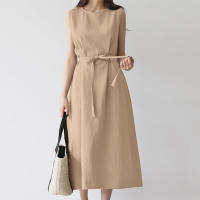 Vestido Largo De Verano Para Mujer Estilo Vintage De Algodón Y Lino Cuello Redondo Sin Mangas Cinturado Talla Grande Casual - details 8