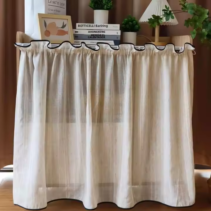 Cortinas Japanese Beige Con Rayas Y Borde Negro Translúcidas Para Cocina Partition De Privacidad Cortina Voile Corta Decoración De Hogar - 1