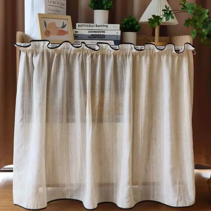 Cortinas Japanese Beige Con Rayas Y Borde Negro Translúcidas Para Cocina Partition De Privacidad Cortina Voile Corta Decoración De Hogar - 1