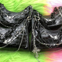 Bolso De Hombro Con Patrón De Cocodrilo Y2K Estilo Punk Oscuro Bolso De Cadena Para Verano Bolso Subcultural Sótano Para Mujer - details 16