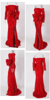 Vestido De Fiesta Larga Rojo Con Lazo Y Lentejuelas Para Mujer Vestido De Noche Para Bodas Y Premiaciones De Corte Sirena Con Mangas Largas Y Abertura Lateral - details 4