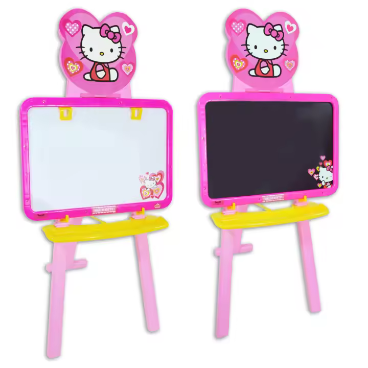 Pizarra infantil de 3 patas, de plástico, doble cara, con diseños exclusivos de  Hello Kitty, en color Rosa (9382-2690) Una cara para pintar con rotulador y la otra con tiza. Repisa para accesorios. De acuerdo a la normativa CE. +3 años - 1