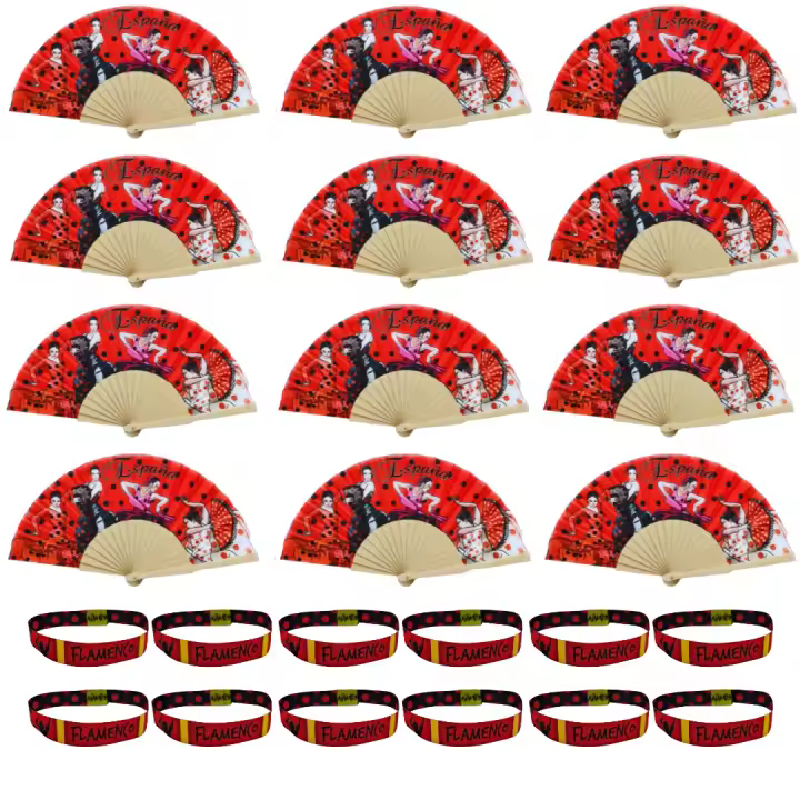 Pack 12 Abanicos Flamencos de Bambú y Tela + 12 Pulseras Bordadas | Souvenir España | Regalos Fiesta Temática, Despedida de Soltera, Feria Andaluza, Evento Flamenco - 1