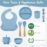 Vajilla de Bebé Silicona, 10 piezas de Vajilla Infantil, Cuadertos con Plato Sucker, Plato Bebe Ventosa,Tenedor con Mango De Madera, ，Bebe de silicona, Babero Set vajilla silicona Bebe - details 0