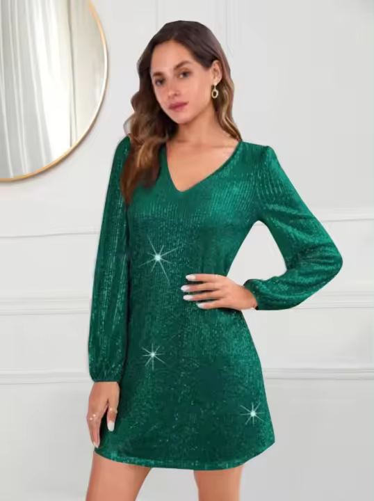 Vestido De Moda Europea Y Americana Para Mujer Con Cuello En V Y Lentejuelas Manga Larga Ajustado Vestido Sexy De Verano - 1