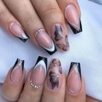 Juego De 24 Piezas De Uñas Postizas De Acrílico Con Diseño De Bocanada Y Puntos En Blanco Florido Uñas Postizas Francesas Para Baile De Ballet Longitud Media - details 1