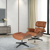 EU Stock TY305 Classic Recliner Light Walnut Armchair With Light Brown Cowhide Black Big Head Foot Swivel Lounge Chair Furniture Office Lunch Break Chair Living Room Comfort Lounge Chair Genuine Top Layer Cowhide Aluminum Alloy Big Head Feet - details 4