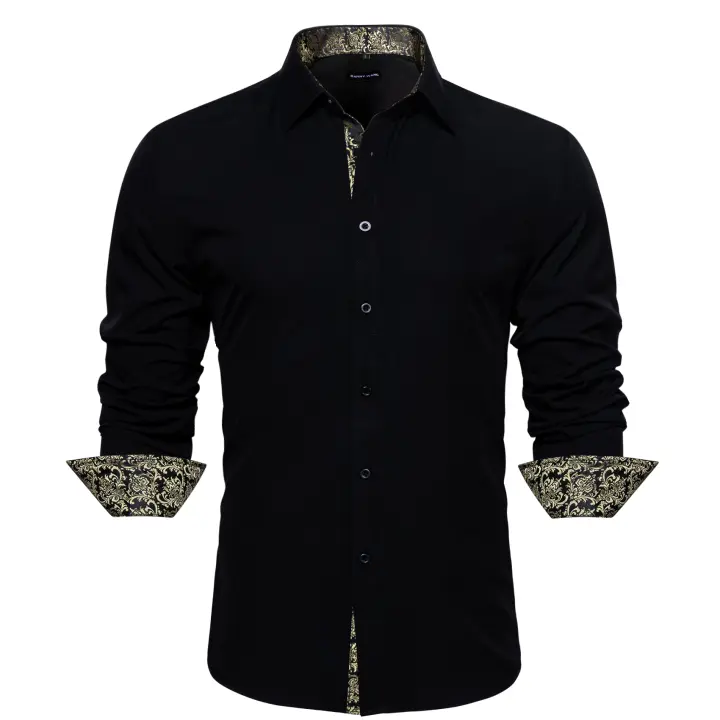 Camisa De Seda Barry Wang Para Hombres Cuello En V Manga Larga Estilo Slim Fit Colores Blancos Y Negros Top Casual Transpirable - 1