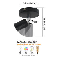 Luz De Techo Ajustable En Ángulo Con Brazo Oscilante Negro E27 Base Para Comedor Cocina Pasillo Lobby Balcón Sin Bombilla - details 1