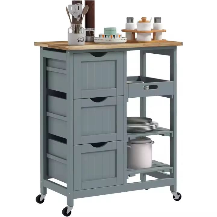 Carro de Cocina Carrito Auxiliar con Ruedas Tablero de Madera 3 Cajones 2 Estantes Abiertos y Bandeja Extraíble para Comedor Salón 67x37x85,5 cm Gris - 1