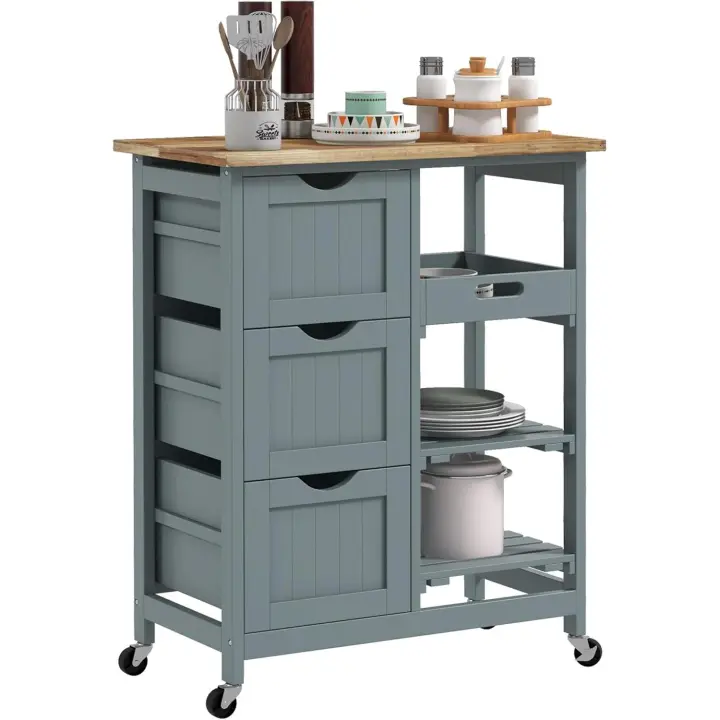 Carro de Cocina Carrito Auxiliar con Ruedas Tablero de Madera 3 Cajones 2 Estantes Abiertos y Bandeja Extraíble para Comedor Salón 67x37x85,5 cm Gris - 1
