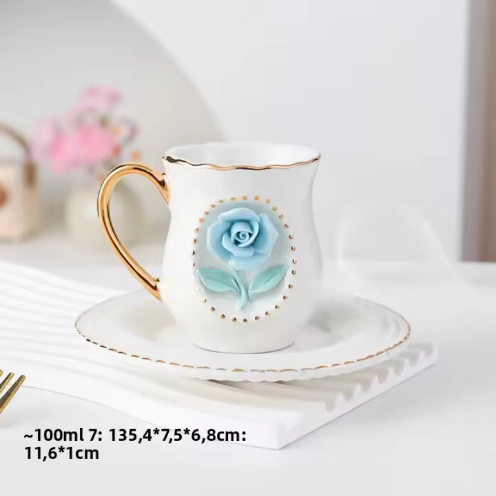 Taza De Rosa Cerámica Artesanal Conjunto De Taza Y Plato Para Café Reutilizable Lavable En Lavavajillas Cerámica Porcelain - 1