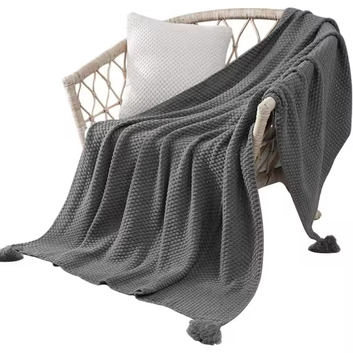 Manta de punto grueso, mantas grises ligeras y cálidas, súper suaves, acogedoras y esponjosas con borlas decorativas - 1