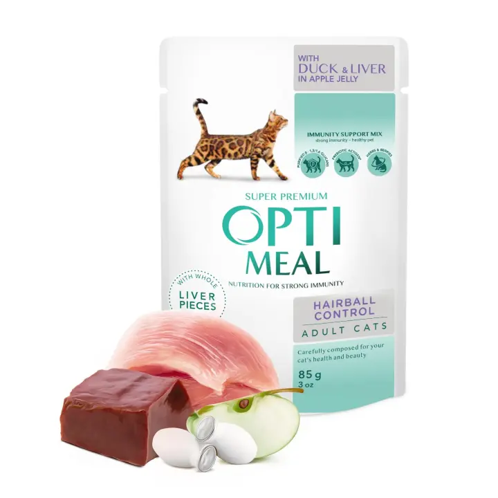 Comida húmeda completa para gatos adultos OPTIMEAL ,CONTROL DE BOLAS DE PELO con pato y trozos de hígado en gelatina de manzana  Pack 12*85g - 1