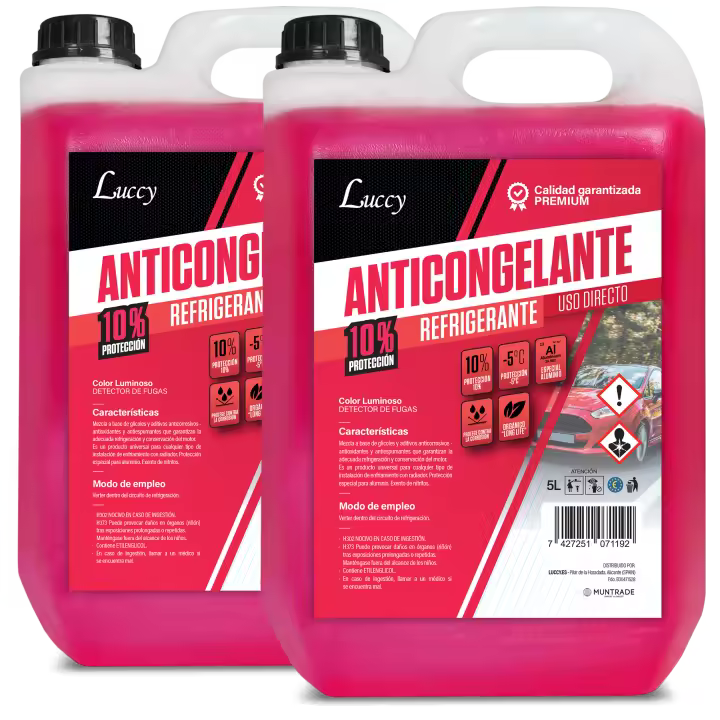 LUCCY Anticongelante Coche 10% Protección -5ºC - 10 litros - Líquido Refrigerante Profesional para Vehículos Fórmula Orgánica Long Life - 1