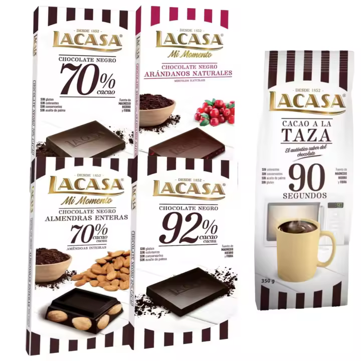 Lacasa pack de 5 tabletas de chocolate de diferentes sabores:taza 350g, arándanos,negro,cacao 92% , almendra 200g - 1