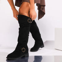 Botas De Rodilla Altas Cómodas Y Elegantes Con Diseño Redondo Y Hebilla Cierre Fácil Para Mujer Estilizada Con Forro De Peluche Material De La Parte Superior De Terciopelo Suave Para Uso Casual - details 5