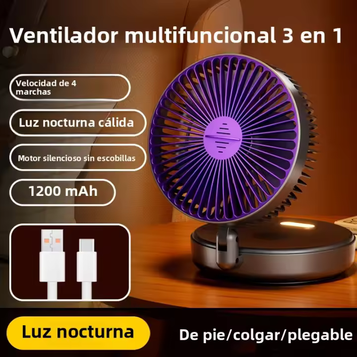 Ventilador De Escritorio Portátil Recargable 5000mAh 3 En 1 Con Luz Nocturna 90° Plegable USB 4 Velocidades Para El Hogar - 1