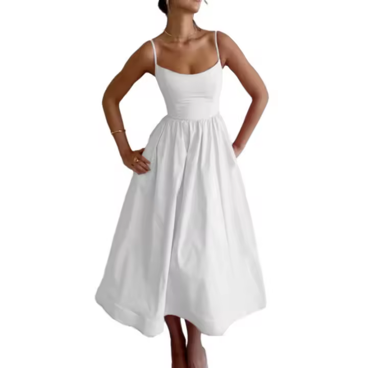 Vestido De Mujer Casual Sin Mangas Con Volante Y Cuello Redondo Elegante Y Suave Para Playa Y Vacaciones Vestido Largo De Hombros Descubiertos - 1