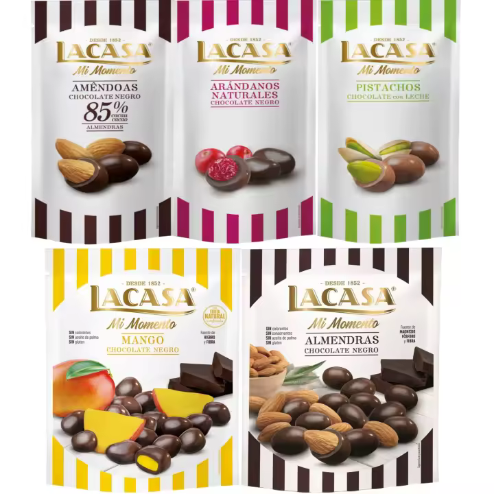 Lacasa Mi Momento pack de 5:Arándano  Negro 60 G,Pistacho  Leche 50 G,Almendra 85% 65 G,Almendra  Negro 125 G,Mango  Negro 115 G - 1