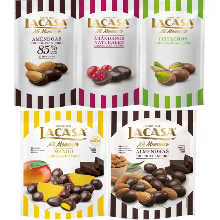 Lacasa Mi Momento pack de 5:Arándano  Negro 60 G,Pistacho  Leche 50 G,Almendra 85% 65 G,Almendra  Negro 125 G,Mango  Negro 115 G - 1