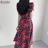 ZANZEA Vestido Midi Elegante Para Mujer Con Cintura Ajustada Estampado Floral Moda Coreana Manga Corta A-line Casual Fiesta - details 4