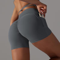 Shorts De Yoga Para Mujer Con Cintura Alta Y Bolsillos Diseño Cruzado Transpirables Y Secado Rápido Para Gimnasio Running Ejercicio - details 25