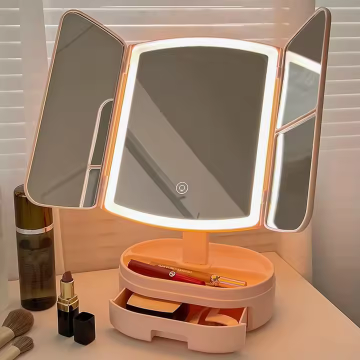 Espejo de Maquillaje de Tres Pliegues con 21 Luces LED y Pantalla táctil Ajustable Espejo Iluminado Tocador Espejos cosméticos de encimera (Blanca) - 1