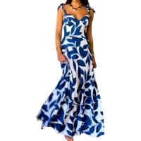 BAMBOOBOY Vestido Largo De Verano Para Mujer Con Estampado De Encaje Spaghetti Strap V-Neck Sundress De Playa Vestido De Fiesta De Poliéster Con Estiramiento Ligero - details 4