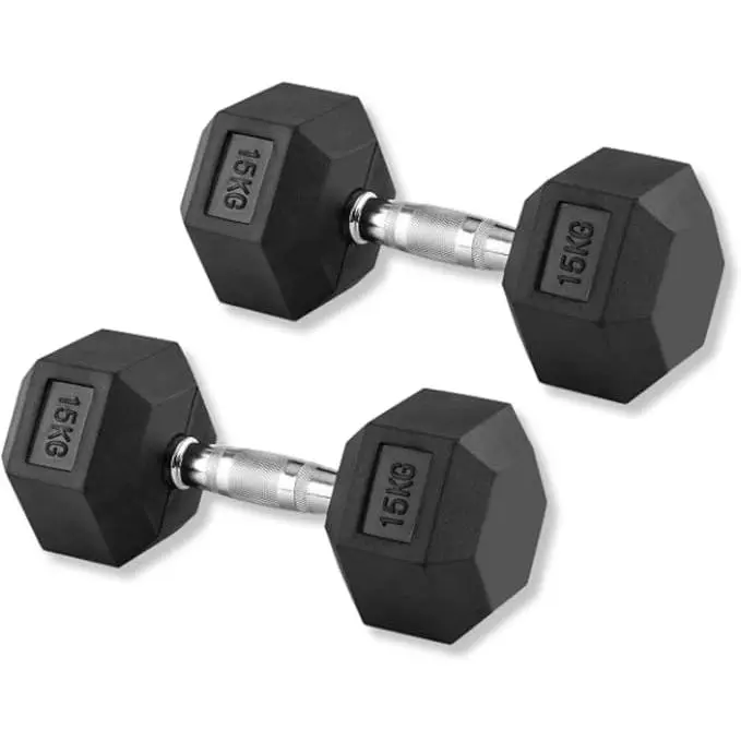 Mancuernas Hexagonales de 15kg - Juego de 2 Mancuernas de 15 kilogramos - Set de Mancuernas hexagonales con Revestimiento de Goma y Mango inoxidable Cromado - 1