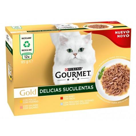 PurinaGourmetGoldDeliciasSuculentasPackSurtidoGatosLatas12X85Gr|Miravia