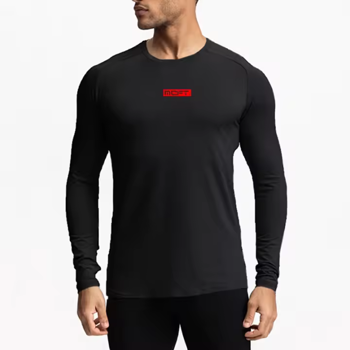 Running Shirt Men Round Neck Sportswear Tight Fitness Slim Fit Jogging Quick Dry Exercise Gym Long Sleeve Shirt - 1