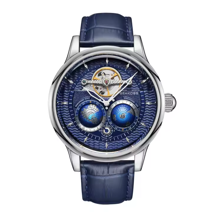 Reloj Mecánico SEAKOSS Para Hombre Con Movimiento Automático Y Resistencia Al Agua Rotación De La Tierra Doble 3D Cuero Acero Inoxidable - 1