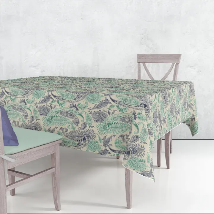 LaFábricadelasTelas-Mantel loneta algodón estampado MOSTAZA y jade o turquesa, lavable, decoración hogar cocina, salon, comedor. - 1