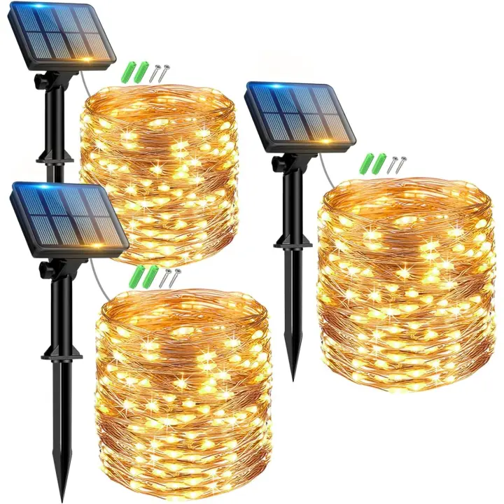 Guirnaldas Luces Exterior Solar-Paquete de 3 12 + 2M/120LED Luces Solares LED Exterior Jardin Luces Navidad Exterior Solares Luz Solar Exterior Jardin Cadena para Exteriores Decoracion Arbol, Cálido - 1